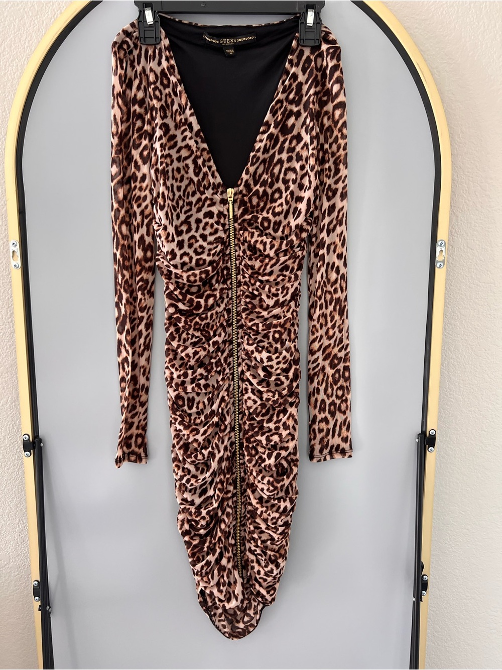 GUESS Long-Sleeve Leopard Print Ruched Zip-Front Dress - Brown/Black